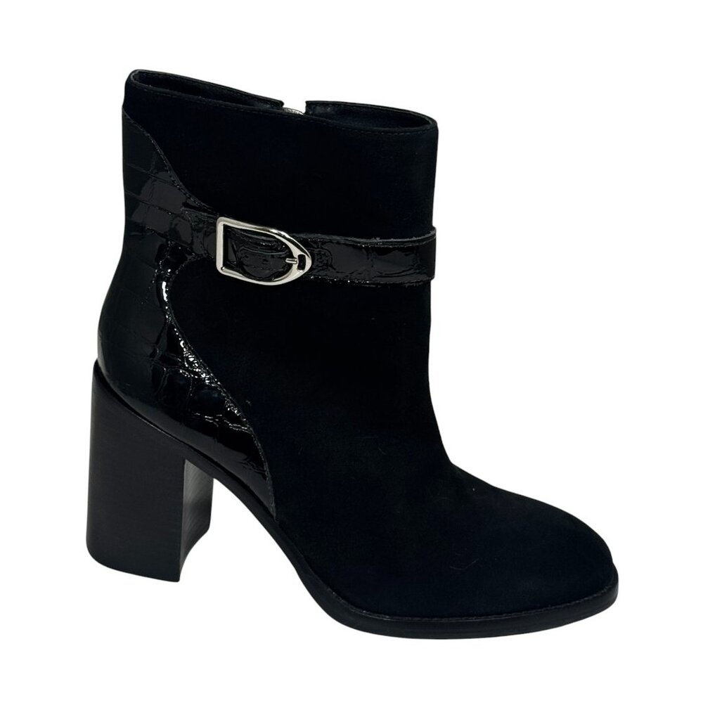 Johnston & Murphy Hope Block Heel Bootie Black Suede Leather Croc Women’s 8 NEW‎